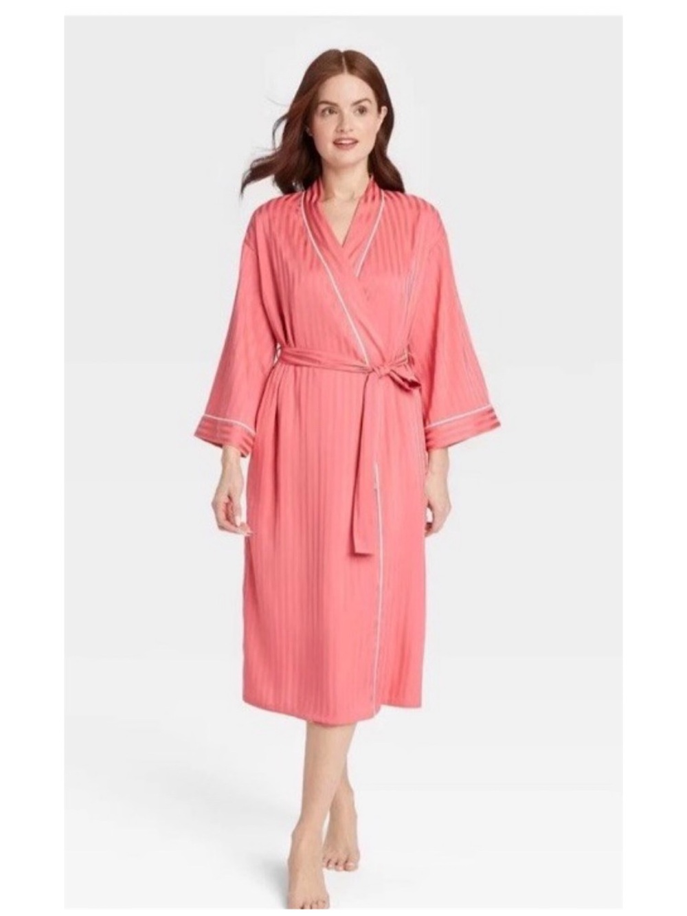 Auden Luxury Collection Striped Long Satin Robe (Coral - XS/S)